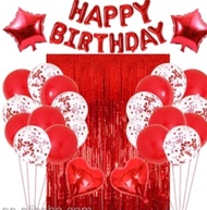 Paket Dekorasi Ulang Tahun Tirai & Balon Foil Tulisan Happy Birthday MERAH Simple Dan Elegant