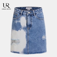 URBAN REVIVO Womens High Waisted Jean Skirt Fringed Slim Fit Denim Mini Skirt