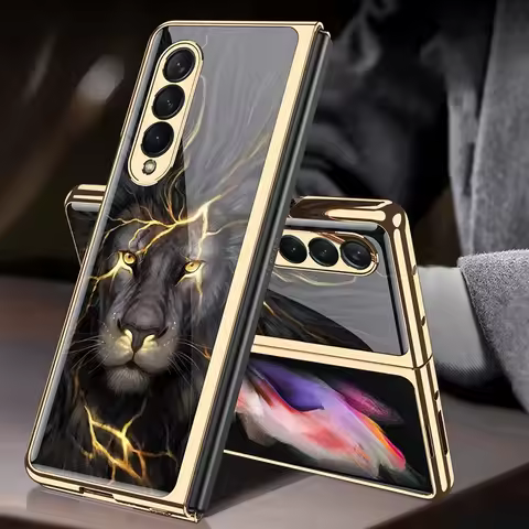 gold Luxury Tempered Glass Case For Samsung Galaxy Z Fold 5 4 Fold 3 5G Case Plating Plastic Frame H