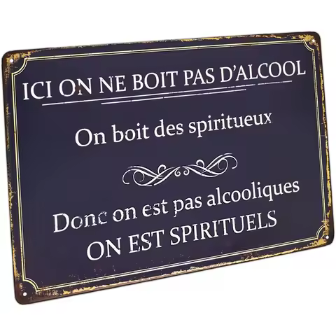Vintage Metal Sign "Ici on ne boit pas d'alcool" | French Humor Decorative Wall Plaque Spiritual Quo