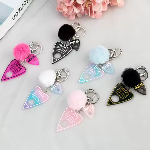 1PC Women Ouija Planchette Keychain Resin Pompom Charms Handbag Keyring With Puffer Ball Punk Board 