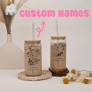 Custom Birth Flowers Cups, Personalized Iced Coffee Cup 16/20oz Glass Cup, Custom Can Glass With Lid