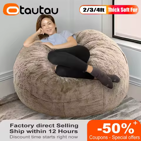 OTAUTAU 2/3/4ft Fluffy Pouf Cover Bean Bag Chair Beanbag Sofa Ottoman Floor Game Movie Sac Couch Rec