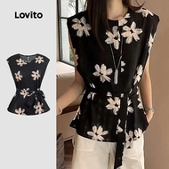 Lovito Elegant Blouse Flowers Belted Spring/summer Black Blouse for Women L150AD828 Lovito Blus Tiar