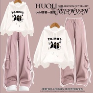 秋冬美式嘻哈连帽工装裤女套装潮学生宽松甜辣工装裤套装Autumn and Winter American Hip Hop Hooded Crock Pants Women's Suit Trendy