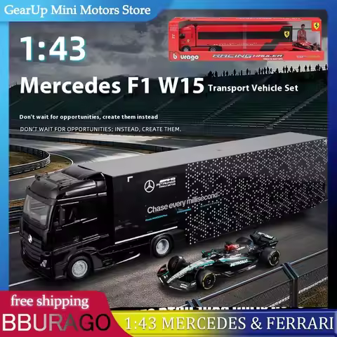 BBURAGO 1:43 Mercedes AMG F1 W15 & Ferrari SF24 F1 Racing Truck Transporter Hamilton #63 & Leclerc #