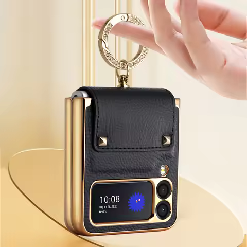 Z Flip6 Flip4 Flip5 plating PC Ring Holder Orange Leather mobile phone case for samsung galaxy Z Fli