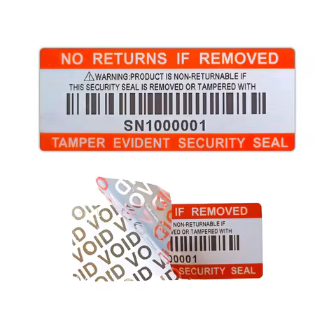 Bar code security labels Dumb silver PET warranty void stickers with serial number waterproof tamper