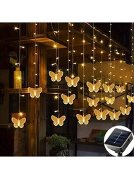 1入組太陽能蝴蝶簾式串燈,窗戶仙女燈,2m/6.56ft 10隻蝴蝶,8種模式,搭配48顆led,適用於房間、臥室、露台、派對、婚禮、戶外裝飾