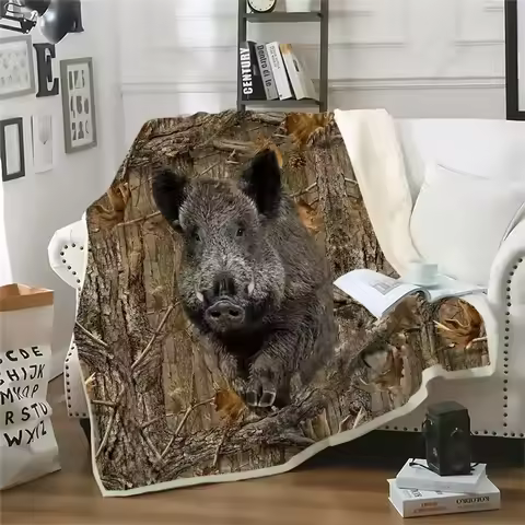 Thicken Blanket Wild Boar Hunting Pig Printed Throw Blankets for Beds Plush Fluffy Teenager Home Dec