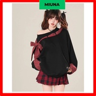 Miuna off-the-shoulder sweater with bow tie, sweet and personality checkered sweatshirt_AT76