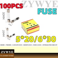 100pcs Glass Fuse 6 * 30MM Fuse 5 * 20MM 0.5/1/2/3/4/5/6/7/8/10/30A 250V Fuse Glass Fuse