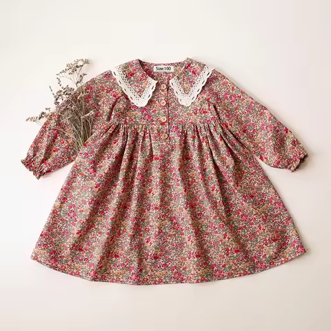 Vintage Children Dress Floral Cotton Long Sleeves Toddler Girls Elegant Dresses For 1-8Y