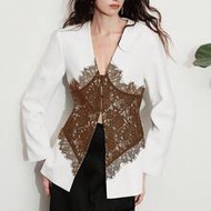 Black Lace Patchwork Hollow V-Neck Fitted Silhouette French Elegant Mix & Match Style Suitable For P