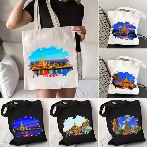 Bangkok Thailand Hanoi Vietnam Havana Cuba Watercolor Ink Painting Shoulder Canvas Tote Bag Shopping