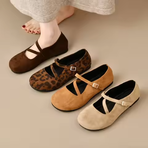 Designer Elegant Buckle High Quality Suede Brand Ballet Flats Women Cozy Round Toe Shallow Mary Jane