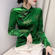 YIMEI แผ่นหัวเข็มขัด Cheongsam Tops ผู้หญิงเสื้อแขนยาว2022ฤดูใบไม้ร่วงใหม่บาง Retro กำมะหยี่ทองเสื้ออารมณ์พิมพ์ Bottoming เสื้อ