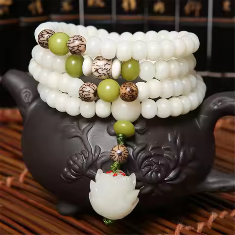 Original Design Natural White Bodhi Root Beads Bracelet Lotus 108 Lotus Mala Healing Prayer Bracelet