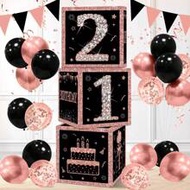 3pcs 27cm Rose Gold 21st Birthday Surprise Box, 21st Birthday Party Room Background Decoration, Phot