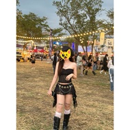 Concert Set Cowgirl 3 Pieces Ready-Made See-Through Clothing Black Jellyfish Skirt Metal Waist Belt