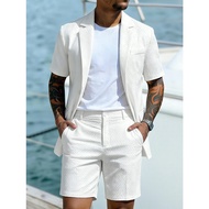 Men Suit Set Summer British Style Solid Color Short Sleeve Male Outfit Slim Breathable Business Wedd