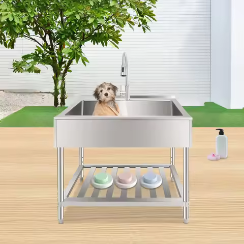 Stainless Steel Utility Sink with Faucet, Shelf & Drainboard for Laundry Garage Restaurant Outdoor 3