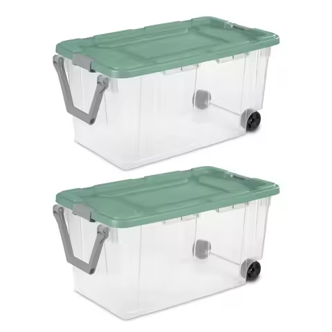 Sterilite 160 Quart Wheeled Storage Box, Extra Large Durable Clear Plastic Bin, Latch Lid, Lt Green,