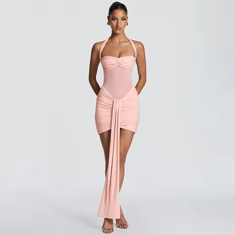 Solid color mesh splicing, twisted knot, neck tie, ribbon, slim fit dress, short dress
