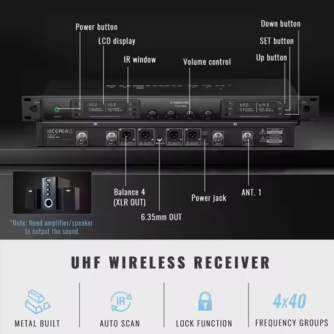 UHF Professional Ｗireless Ｍicrophone Phenyx Pro 4-Channel Auto Scan Selectable Frequency Metal 100M 