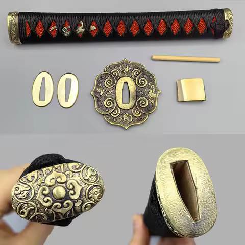 Black Ito Tsuka Handle Real Katana Japanese Samurai Sword Wakizashi Fittings Set Brass Tsuba+Menuki+