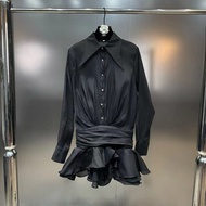 Spring New Arrival Long Sleeve Turn Down Collar Ruffles Single Breasted Buttons Slim Waist Short Dre