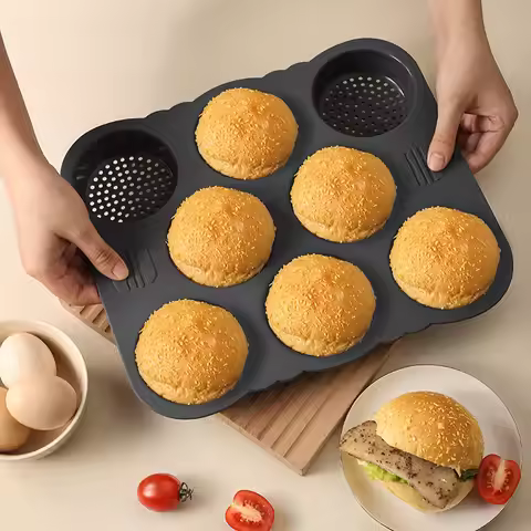 Hamburger Bun Baking Mold 8 Cavity Silicone Easy Release Heat Resistant Hamburger Bread Bakery Pan f