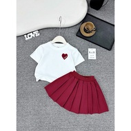 Set bộ bé gái KH1 Set áo cotton trắng tim love đỏ phối chân váy xếp ly cho bé gái
