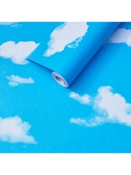 17.7英寸x393.7英寸，藍天白雲自粘式PVC防水壁紙一卷，可拆卸雲貼紙，適用於天花板、廚櫃、桌子、家具翻新，臥室牆壁裝飾，安裝簡便，清潔方便，可自由裁剪