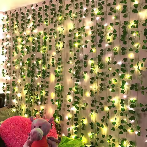 Artificial Ivy Hanging Garland with LED Light Strings Green Ivy Leaf Vines Rattan Creeper Leaves Fak