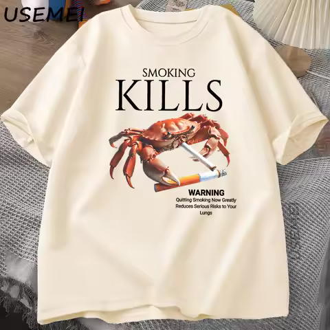 Smoking Kills Crab T Shirts Unhinged Weirdcore T-Shirt Weird Graphic Tee Harajuku Cotton Short Sleev