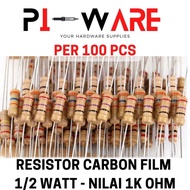 Package Contents 100 Pcs 1/2 0.5 Watt Carbon Film Resistor 1K Value 1000 ohm