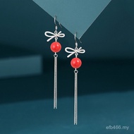 Fashion Beads Super Fairy Red Female Diamond Bow Sterling Silver Earrings Niche s925 Temperament Des