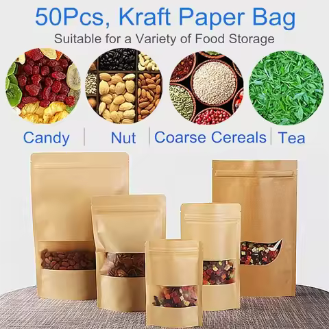 Kraft Zip Lock Paper Bags Reusable Food Bag Stand Up Pouches with Matte Window 50Pcs Brown(9x14cm) F