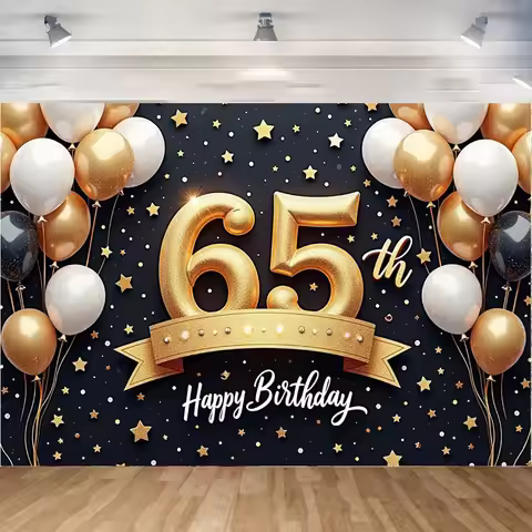 20th/35th/65th/100th Birthday Banner Golden Balloons Elegant Ribbon Celebration Backdrop for Birthda