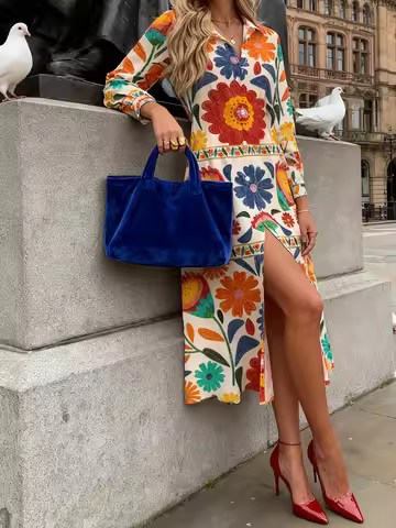 Women's Beige Colorful Floral Print Button Down Shirt Dress Long Sleeve Split Maxi Dress