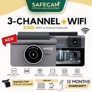 SAFECAM X300 WIFI 3-Channel Dashcam 1080P Front + 720P Inner + 720P Rear Dashcam WIFI Control 24-H