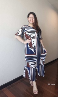 Maxidress Fashion dress b16148 เดรสยาวอัดพลีทพิมพ์ลายสวยตรงปก ชุดใส่ออกงาน แฟชั่นสาวอวบ ชุดแซก