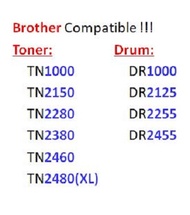 Compatible Brother TN1000/TN-1000/TN2150/TN-2150/TN2280/TN-2280/TN2380/TN-2380/TN2460/TN-2460/TN2480/TN-2480 Toner and DR1000/DR-1000/DR2125/DR-2125/DR2255/DR-2255/DR2455/DR-2455 Drum for Brother Printer