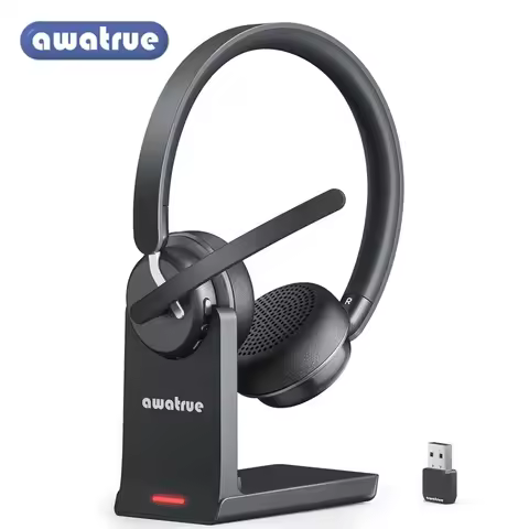 Awatrue Wireless Bluetooth Headset with AI Noise Cancelling Mic & Charging Base 2.4GHz Wireless Head
