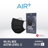 AIR⁺ Black Surgical Mask with Active Carbon | L Size | 5PC | Made in Singapore | BFE 99.9% | ASTM Level 3