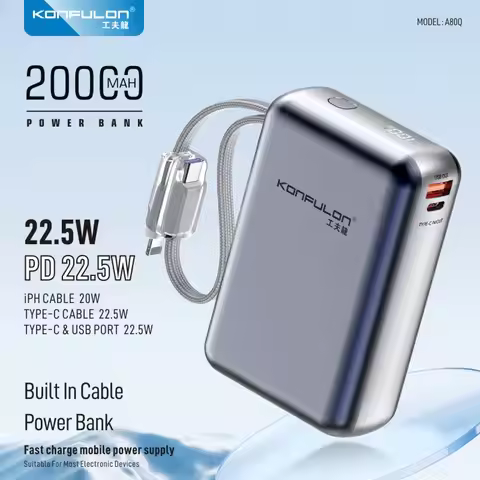 Portable PowerBank Built-in USB C +Iphone Cable 10000/20000mAh PD 22.5W Fast Charging Power Bank for