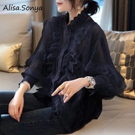 Alisa.Sonya ยอดนิยม2021ผู้หญิงคอลูกไม้ Stand-Up Collar Victoria Ruffle โบว์แขนยาวเสื้อหรูหรา