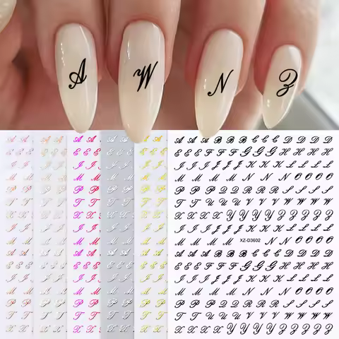 1Pc 3D Roman Letter Nail Stickers Gold/Silver/Black/Laser Alphabet Self Adhesive Decal Y2K English W