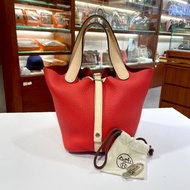 98%NEW二手HERMES PICOTIN 18 番茄紅拼薔薇粉 銀扣 TOUGE TOMATE PHW #P18